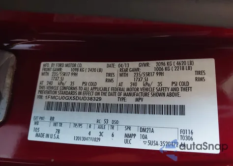 2013 Ford Escape Se z USA, uszkodzony, nr VIN 1FMCU0GX5DUD38329